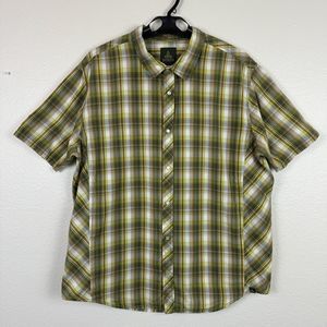 Prana Short Sleeve Pearl Snap Plaid Shirt Organic Cotton Brown Green Cream XL